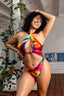 Rainbow colored monokini with resin o ring accent and cheeky thong back- Front