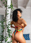 Rainbow colored monokini with resin o ring accent and cheeky thong back- Back